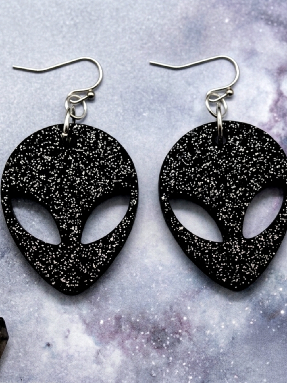Dark Midnight Black Sparkle Alien Outer Space Galaxy Bold Fashion Earring - Picture 2 of 4